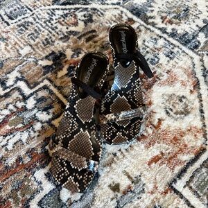 Jeffrey Campbell Black and Tan Snake Print Sandals